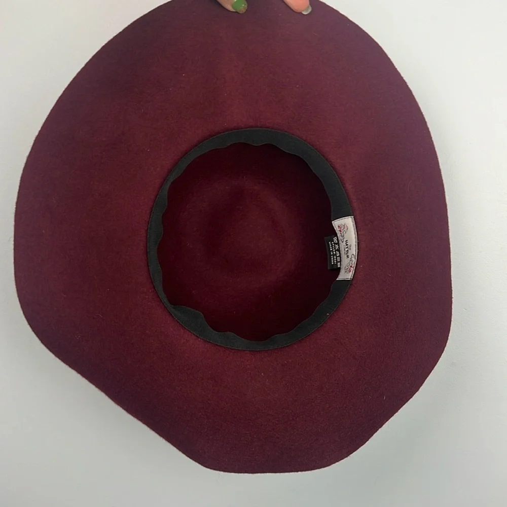 The Hatter Company wide brimmed women’s burgundy felted hat
